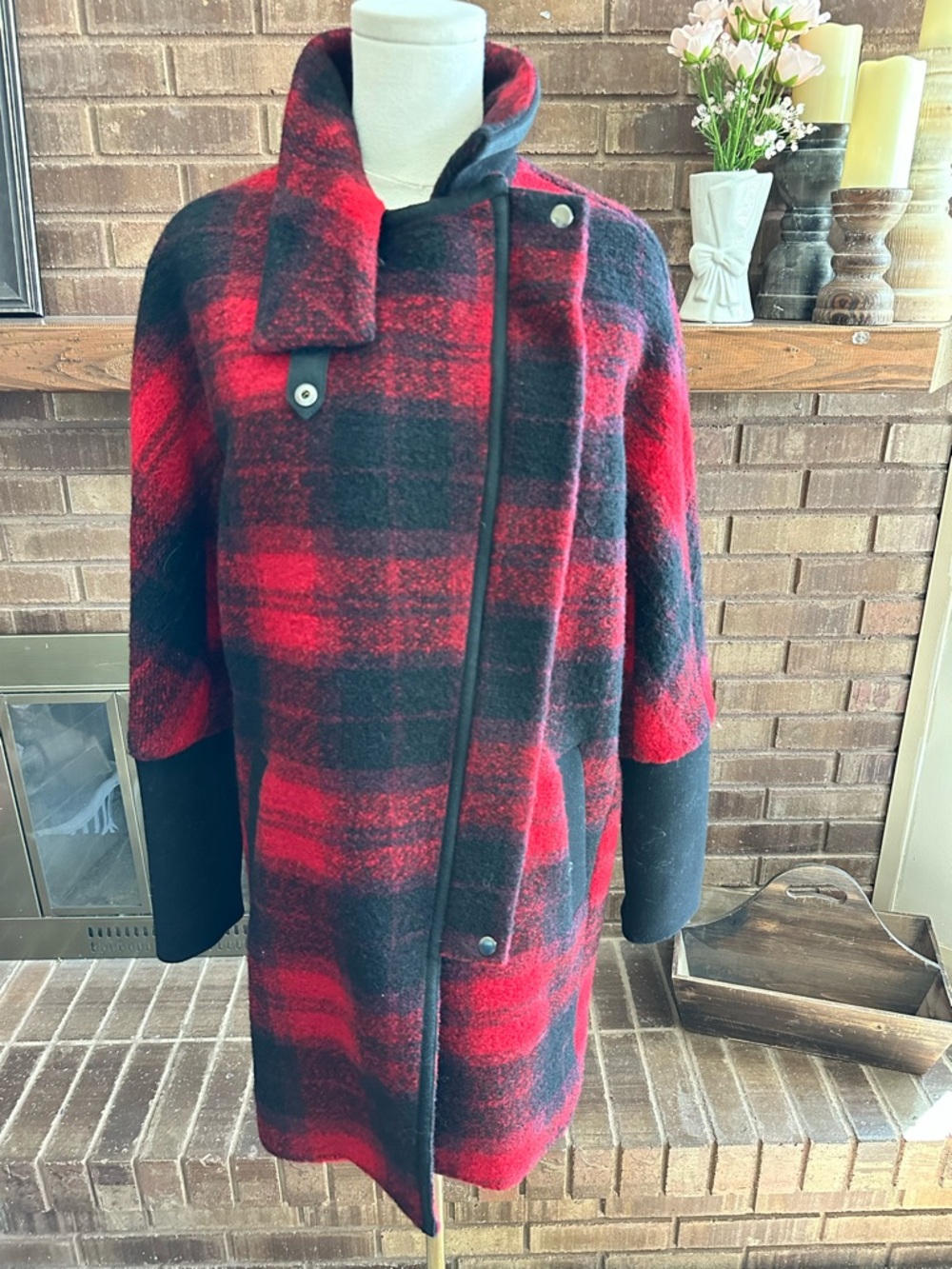Madewell Flame Red Plaid City Grid Wool Cocoon Coat 0 Oversized - Picture 3 of 8